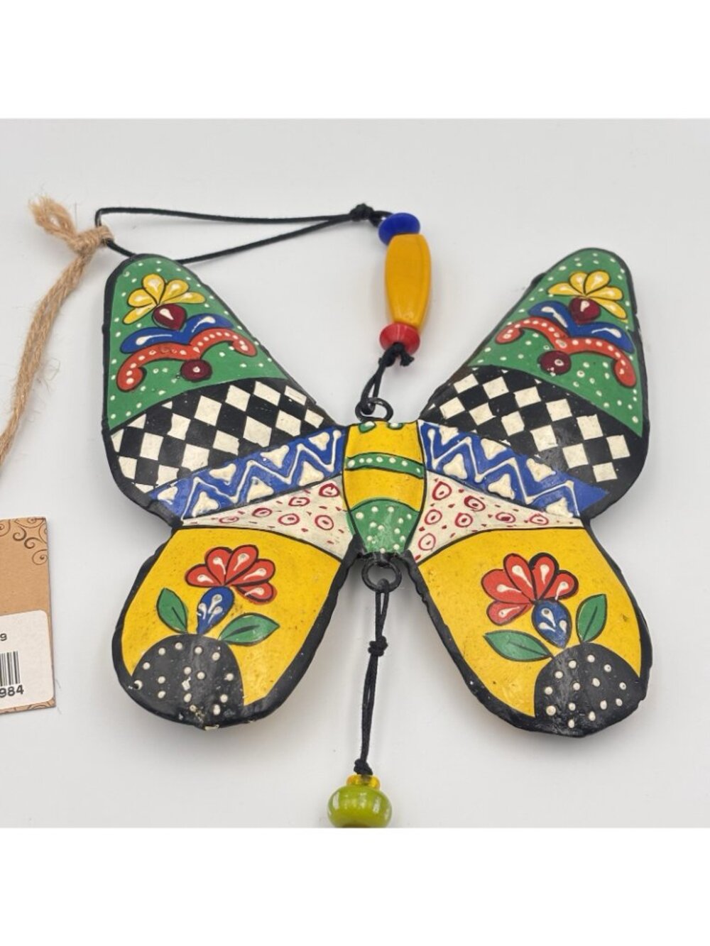 Handmade Painted Floral Butterfly Wind chime iron 21 inches long glass beads - Picture 2 of 16